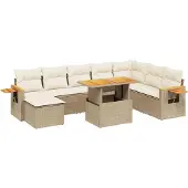 vidaXL 9-tlg. Garten-Sofagarnitur mit Kissen Beige Poly Rattan