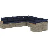 vidaXL 10-teiliges Gartensofa-Set mit Kissen, grau, Polyrattan