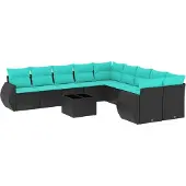 vidaXL 11-teiliges Gartensofa-Set mit Kissen, schwarzes Polyrattan