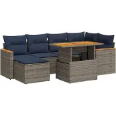 vidaXL 7-tlg. Garten-Sofagarnitur mit Kissen Grau Poly Rattan