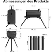 Wiltec Zeltofen Stahl (Q235), robuster Campingofen 85 x 57,5 x 238 cm, Holzofen mit Rauchabzug Ø 6 cm x 40 cm, Zeltheizung sichere Abgasableitung