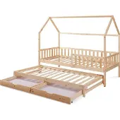 En.casa Doppel-Kinderbett ’Aarghonmaa‘ in Hausoptik 90 x 200 cm mit Ausziehbett Rausfallschutz und 2 Schubladen Kiefernholz Natur
