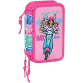 Barbie Gefülltes Dreifach-Federmäppchen 37 Teile, Blau/Pink
