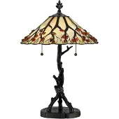 QUOIZEL Elstead Whispering Tischlampe E27 2-fach Valiant Bronze und Kunstglas-Schirm Tiffanyglas cremeweiß