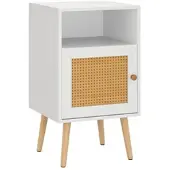 Costway Rattan-Nachttisch, Nachttisch aus Holz mit offenem Regal und Tür, Sofatisch