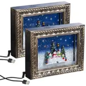 INFACTORY 2er-Set Weihnachts-Bilderrahmen mit LEDs, Schneewirbel, Musik und Time