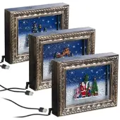 INFACTORY 3er-Motiv-Set Weihnachts-Bilderrahmen mit LEDs, Schneewirbel und Musik