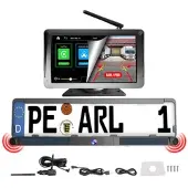 Lescars Kabelloses Solar-Funk-Rückfahrkamera-Set, CarPlay-/Android-Auto-komp.
