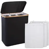 INFACTORY Wäschekorb mit Deckel, 3 Fächer, 150 l, herausnehmbarer Wäschesack