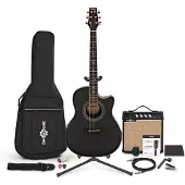 Gear4Music Roundback-Elektroakustikgitarre Schwarz mit Komplettpaket