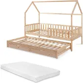 En.casa Doppel-Kinderbett ’Aarghonmaa‘ in Hausoptik 90 x 200 cm mit 1 Matratze Ausziehbett inkl. Rausfallschutz und 2 Schubladen Kiefernholz Natur