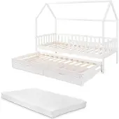 En.casa Doppel-Kinderbett ’Aarghonmaa‘ in Hausoptik 90 x 200 cm mit 1 Matratze inkl. Ausziehbett Rausfallschutz und 2 Schubladen Kiefernholz Weiß