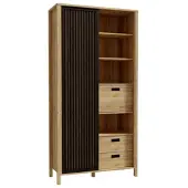 Forte JYTANA Schrank 100 105, skandinavischer Schrank mit 3 Schubladen, 2 Türen und 3 Regalfächern, Mauvella Eiche Holzdekor / Schwarz, 103,4 cm breit x 200,3 cm hoch x 40,2 cm tief