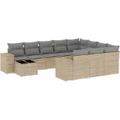 vidaXL 11-tlg. Garten-Sofagarnitur mit Kissen Beige Poly Rattan