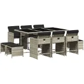 vidaXL 11-tlg. Garten-Essgruppe mit Kissen Hellgrau Poly Rattan