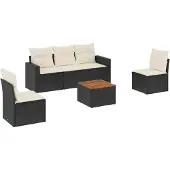vidaXL 6-tlg. Garten-Sofagarnitur mit Kissen Schwarz Poly Rattan