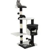 Lionto Kratzbaum für Katzen 112 cm hoch, mit Höhle, Sisalseil, Plüschbällen & Wandhalterung, kompakter Kletterbaum, schwarz/weiß