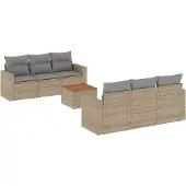 vidaXL 7-tlg. Garten-Sofagarnitur mit Kissen Beige Poly Rattan