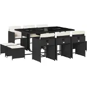 vidaXL 11-tlg. Garten-Essgruppe mit Kissen Schwarz Poly Rattan
