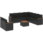 vidaXL 10-tlg. Garten-Sofagarnitur mit Kissen Schwarz Poly Rattan