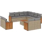 vidaXL 12-tlg. Garten-Sofagarnitur mit Kissen Beige Poly Rattan