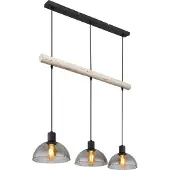 Globo Lighting Hängeleuchte Metall schwarz matt, Holz naturfarben, Glas rauchfarben, Kabel PVC schwarz, Höhe kürzbar, LxBxH: 800x200x1200mm, exkl. 3x E27 15W 230V