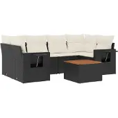 vidaXL 7-tlg. Garten-Sofagarnitur mit Kissen Schwarz Poly Rattan