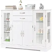 Costway Küchenschrank Sideboard Beistellschrank mit gehärteten Glastüren und Schubladen Weiß