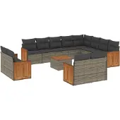 vidaXL 13-tlg. Garten-Sofagarnitur mit Kissen Grau Poly Rattan