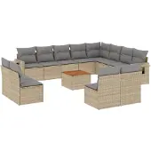 vidaXL 13-tlg. Garten-Sofagarnitur mit Kissen Beige Poly Rattan