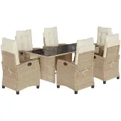 vidaXL 7-tlg. Garten-Essgruppe mit Kissen Beige Poly Rattan
