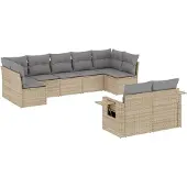 vidaXL 9-tlg. Garten-Sofagarnitur mit Kissen Beige Poly Rattan