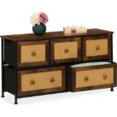 Relaxdays Kommode, 5 Schubladen, Rattanoptik, Flur, Schlafzimmer, HBT 54,5x100x32,5 cm, Sideboard, Metall, braun/schwarz