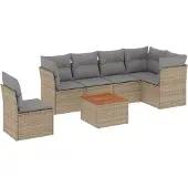 vidaXL 7-tlg. Garten-Sofagarnitur mit Kissen Beige Poly Rattan