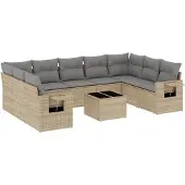 vidaXL 10-tlg. Garten-Sofagarnitur mit Kissen Beige Poly Rattan