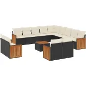 vidaXL 14-tlg. Garten-Sofagarnitur mit Kissen Schwarz Poly Rattan