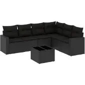 vidaXL 7-tlg. Garten-Sofagarnitur mit Kissen Schwarz Poly Rattan