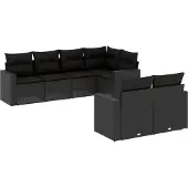 vidaXL 7-tlg. Garten-Sofagarnitur mit Kissen Schwarz Poly Rattan