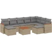 vidaXL 10-tlg. Garten-Sofagarnitur mit Kissen Beige Poly Rattan