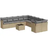 vidaXL 11-tlg. Garten-Sofagarnitur mit Kissen Beige Poly Rattan