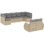vidaXL 9-tlg. Garten-Sofagarnitur mit Kissen Beige Poly Rattan