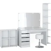 Vicco Schminktisch Sherry Weiß 5 Teile, mit Aufbewahrungsregal, Standregal, Spiegel, Hocker, LED, Model 41637