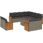 vidaXL 12-tlg. Garten-Sofagarnitur mit Kissen Grau Poly Rattan