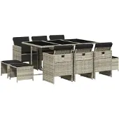 vidaXL 11-tlg. Garten-Essgruppe mit Kissen Hellgrau Poly Rattan