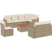 vidaXL 9-tlg. Garten-Sofagarnitur mit Kissen Beige Poly Rattan