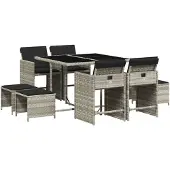 vidaXL 9-tlg. Garten-Essgruppe mit Kissen Hellgrau Poly Rattan