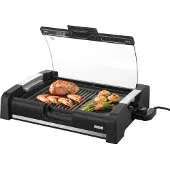 Unold 58535 Barbecue Grill Edel - Tischgrill, Schwarz, Glasdeckel, große Grillfläche, Kombination Grillfläche, geriffelt und glatt, Keramik