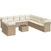 vidaXL 12-tlg. Garten-Sofagarnitur mit Kissen Beige Poly Rattan