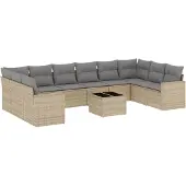 vidaXL 11-tlg. Garten-Sofagarnitur mit Kissen Beige Poly Rattan