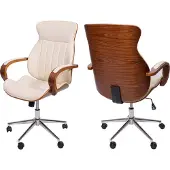 MCW Bürostuhl MCW-H39, Schreibtischstuhl Drehstuhl Chefsessel, Bugholz Walnuss-Optik Kunstleder MVG- creme